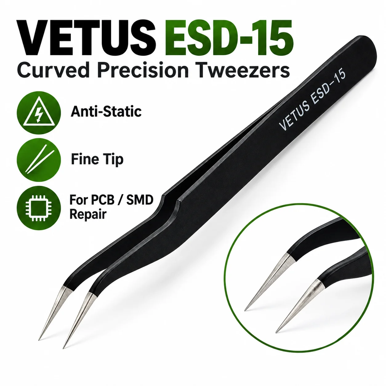 VETUS ESD-15 Anti-Static Curved Precision Tweezers Fine Tip for PCB SMD BGA Soldering Electronics Repair