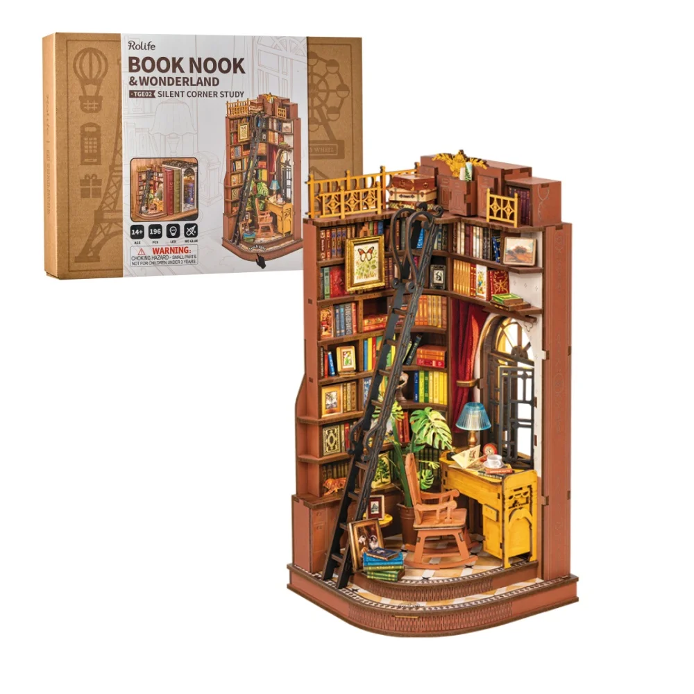 Robotime Rolife Silent Corner Study DIY Book Nook Shelf Insert Wooden Miniature Doll House for Bookshelf Insert Furniture TGE02