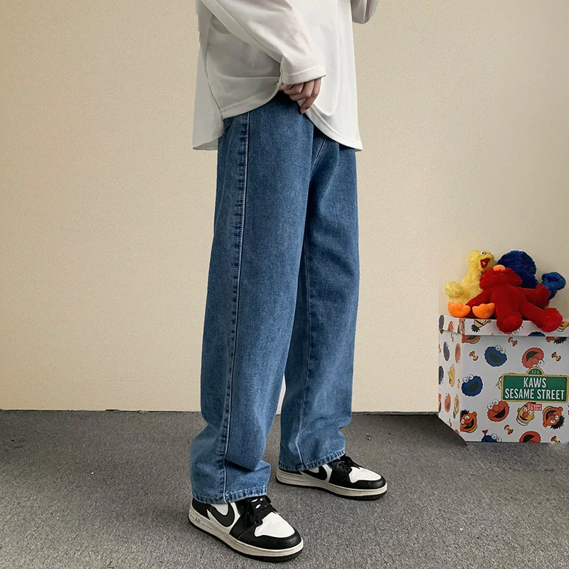 2023 wiosna nowa, w stylu Streetwear workowate dżinsy mężczyźni koreański mody luźne prosta szeroka spodnie nogi mężczyzna odzież marki czarny jasnoniebieski