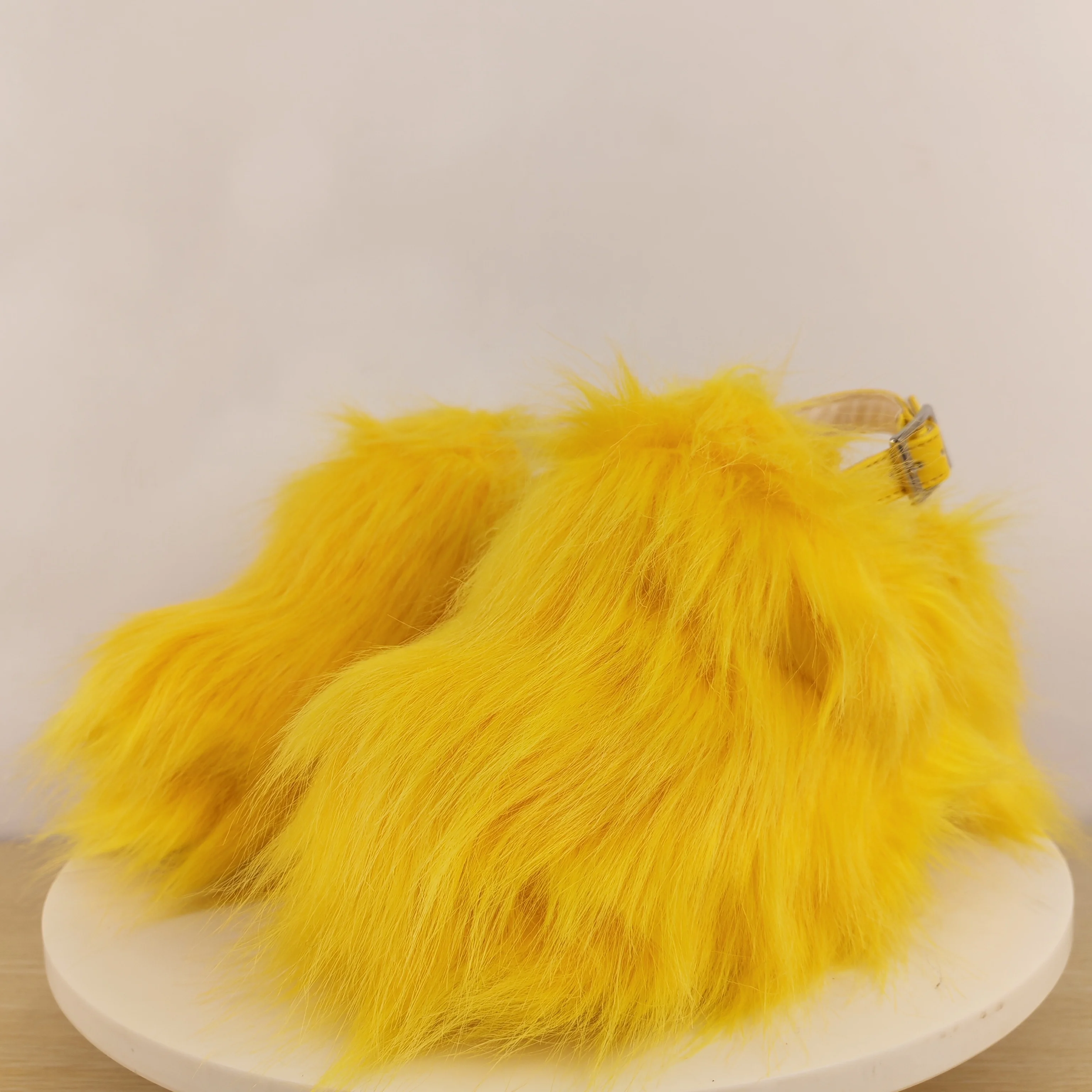 Women's Bright Yellow Faux Fur Platform Sandals Adjustable Ankle Strap with Buckle for Festivals Street Style & Bold Statement