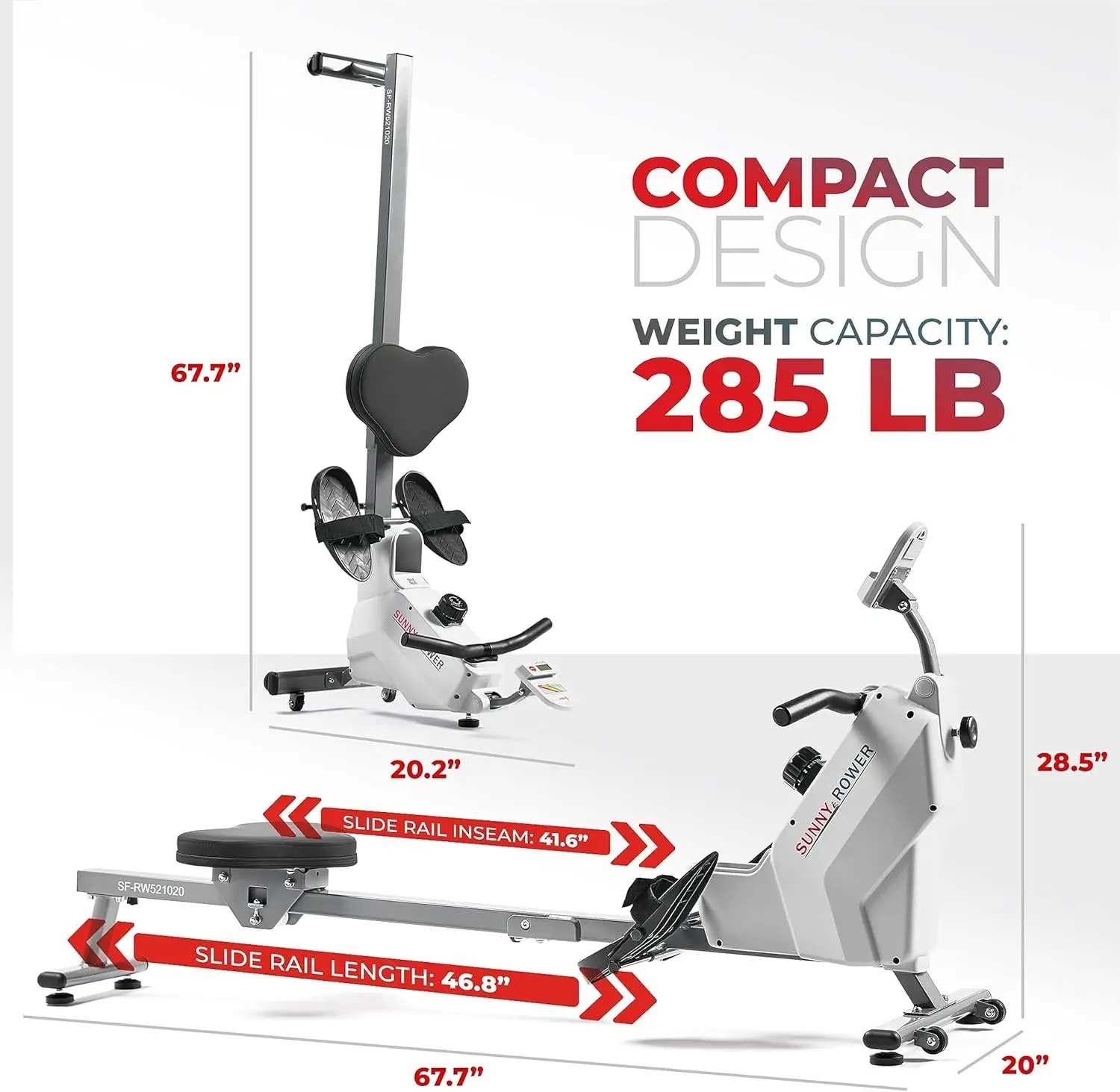 Sunny Health & Fitness opvouwbare magnetische roeimachine met 43 inch schuifrail, maximaal gewicht van 285 LB, stille en soepele beweging