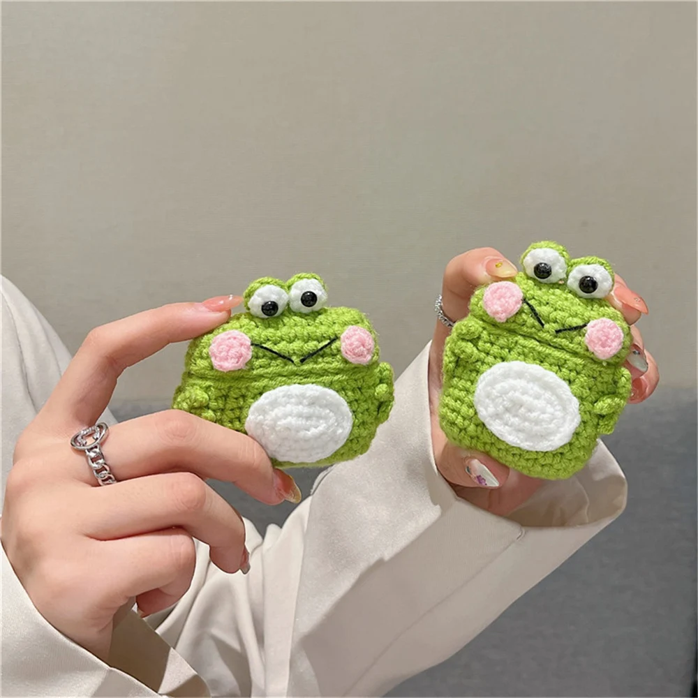 3D Cute Frog Plush Knit Headset Case for Apple Airpods Pro 3, 2, 1, Fun, Fluffy Earphone Cases, Charging Box Cover, Winter