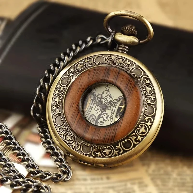 Reloj de bolsillo mecánico de madera con medallón de cadena FOB, esfera hueca con esqueleto Steampunk, relojes masculinos para hombres y mujeres con paquete de caja