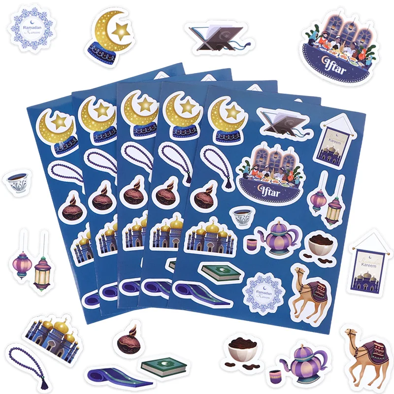 

10pcs Eid Mubarak Paper Sticker Ramadan Kareem Crescent Mosque Lantern Pattern Self-Adhesive Sticker Islamic Muslim Decoration