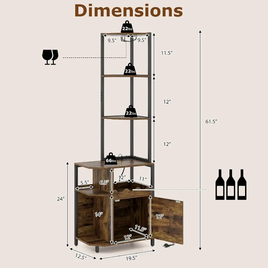 Corner Bar Cabinet with LED Lights and Power Outlet, Glass Holder, Wine Rack, Cabinet, 6-Tier Industrial Wine Cabinet with Door