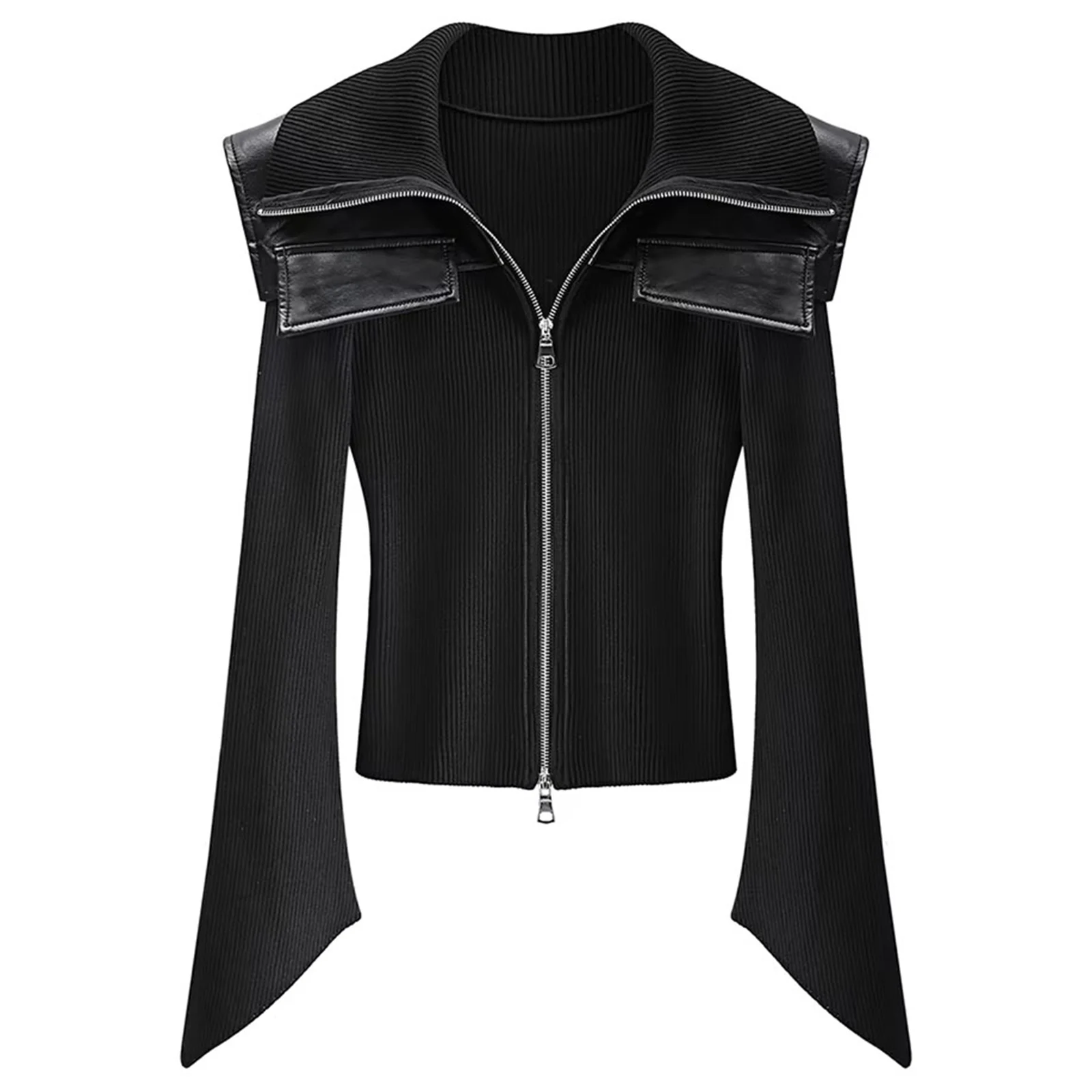 

OLOEY Solid Color Fashion Women's Knitted Cardigan Large Lapel Zipper PU Leather Splicing Elastic Slim Fit Stretch Jacket