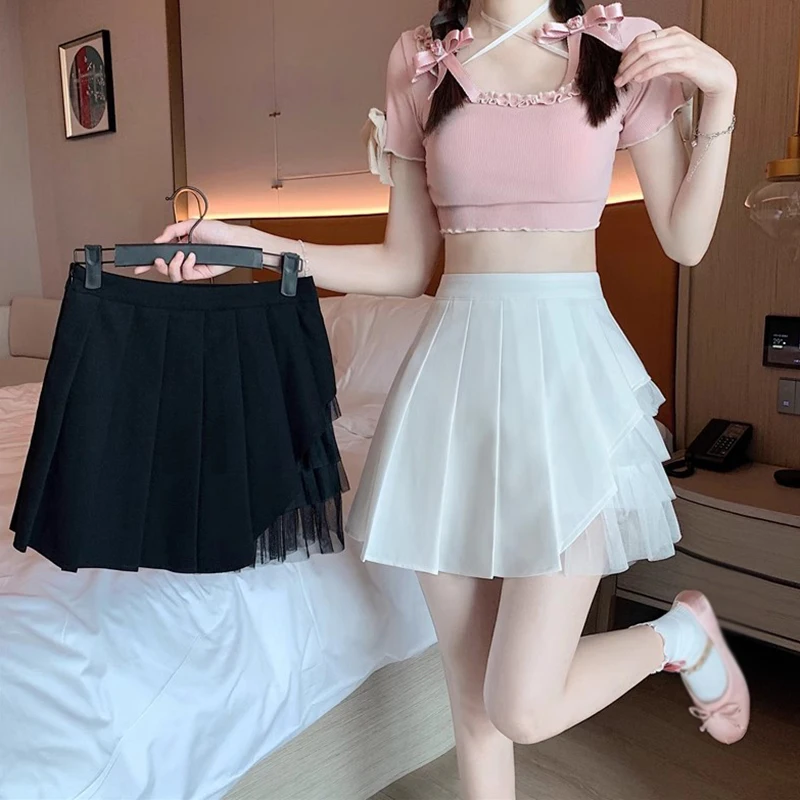 

Women Skirt Korean Version Solid Color Irregular Mesh Stitching Sweet Fashion Temperament High-waisted Pleated