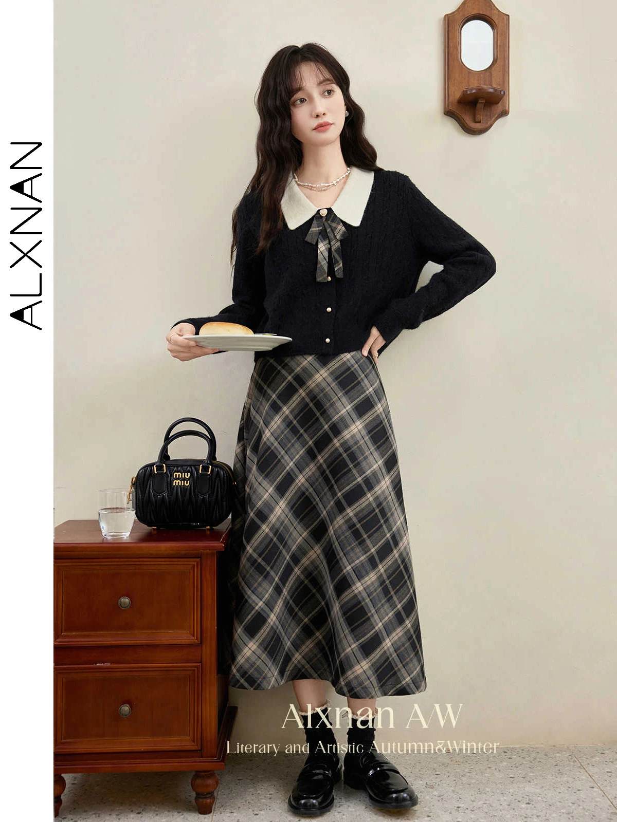 

ALXNAN Women's Plaid Skirts Vintage Long A-line High-waist Elegant Skirt 2025 Autumn Winter Office Lady Clothing DYL661287BSQ