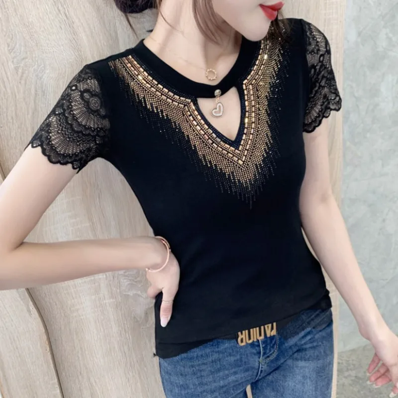 #7107 Sexy Women\'s T-shirt Hollow Out O-neck Spliced Lace Short Sleeve T-shirts Diamonds Korean Fashion Women\'s Tee Shirt Summer