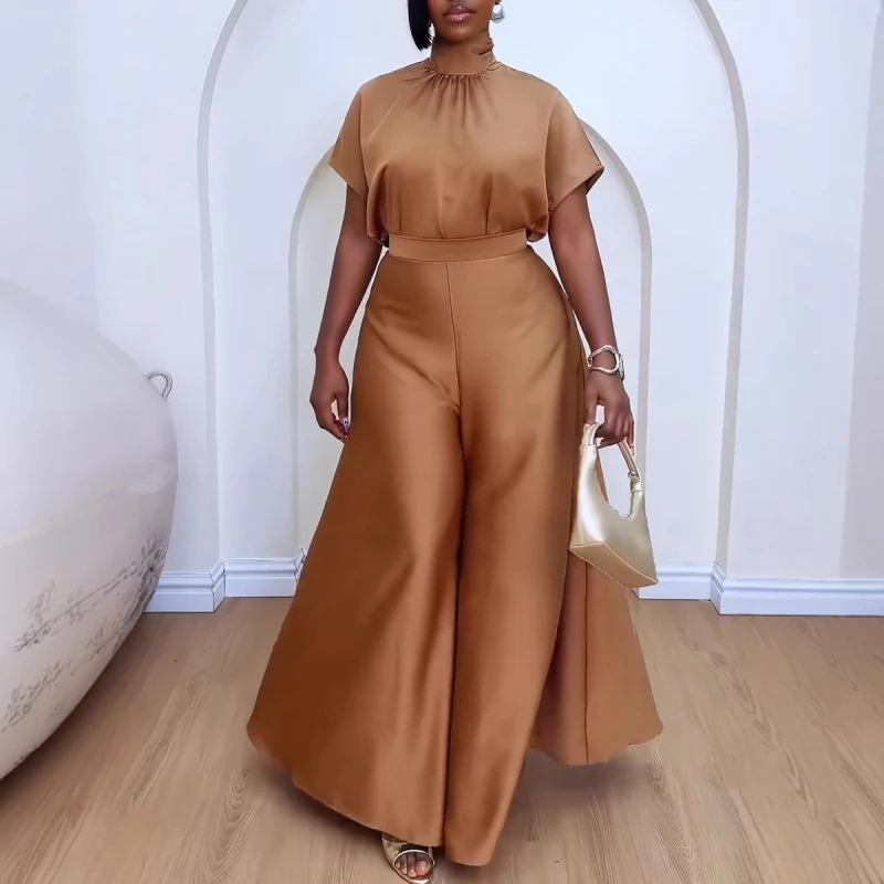 African Fashion 2024 New in Women Two 2 Piece Sets Outfit Soft Satin Lace Up Top and Wide Leg Pants Set Matching Set