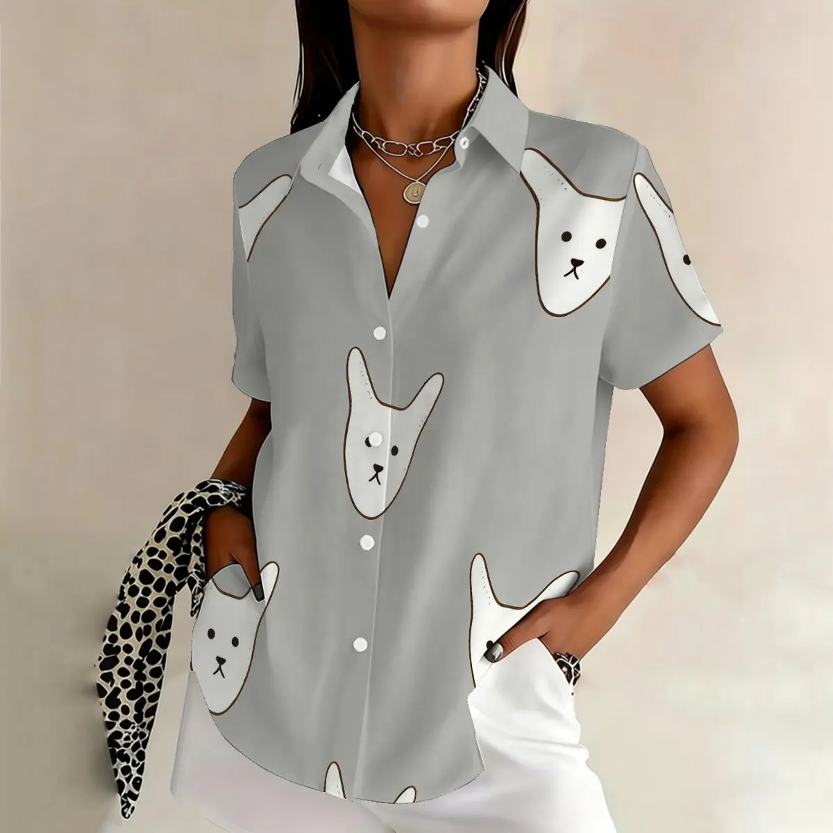 

Simple and personalized cartoon rabbit print summer women's plus size lapel short sleeved shirt, daily versatile casual top