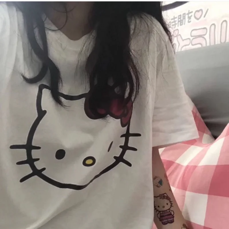 Hello Kitty T-shirt Cotton Short Sleeve Bow Element Oversized Loose Cotton Print Breathable T-shirt Cartoon Anime Girl Heart