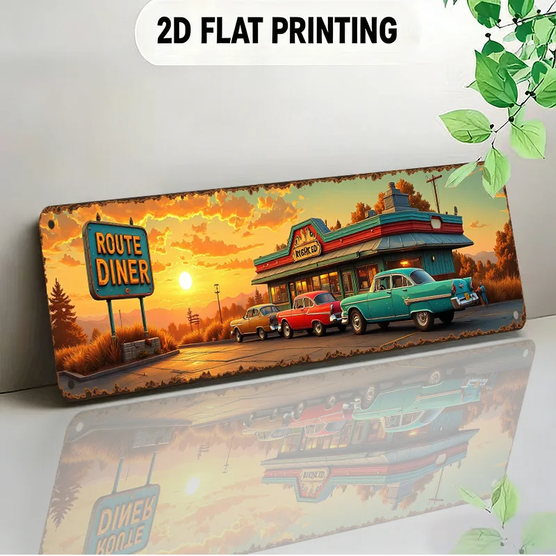 2D Metal Sign Vintage Diner Wall Art Retro Sunset Classic Car Decor for Bar Cafe Living Room Theme Party
