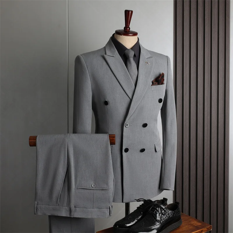 ZH38 Men's Double-breasted Suit Men's Formal Business Casual Fashion Slim Banquet Wedding Suit