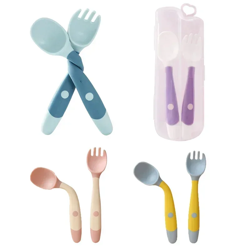 New Baby Children Spoon Fork Set Soft Bendable Silicone Scoop Fork Kit Tableware Toddler Training Feeding Cutlery Utensil