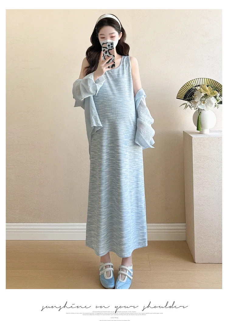 Maternity Suit Summer 2026 Minimalist Versatile Striped Sleeveless Dress and Long Sleeve Shirt for Pregnant Women Daily Wear - view 4