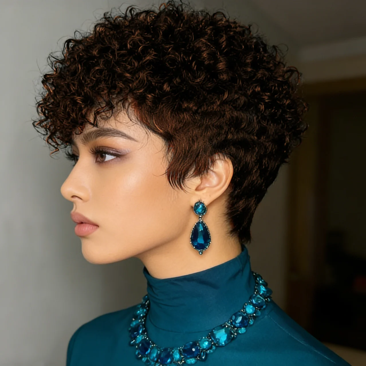 

Pixie Cut Curly Human Hair Wig for Women Short Layered Pixie Wigs With Bangs Curly Human Hair Wig Machine Made Wig