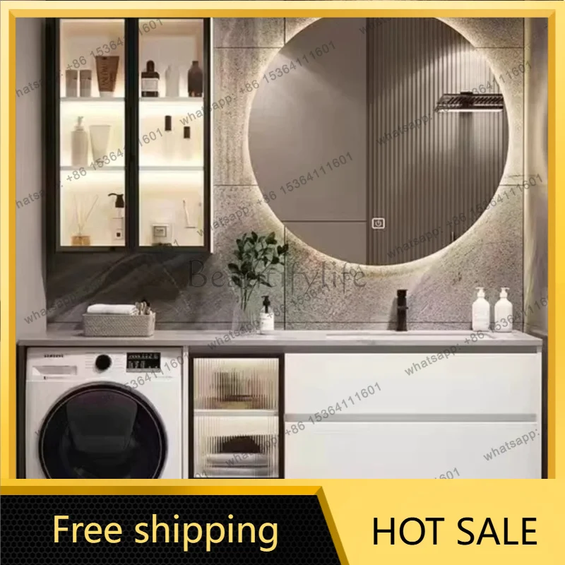 YJ Modern Laundry Cabinet Combo with Sintered Stone Integrated Sink Dark Grey Unit with Round LED Mirror for Balcony & Bathroom