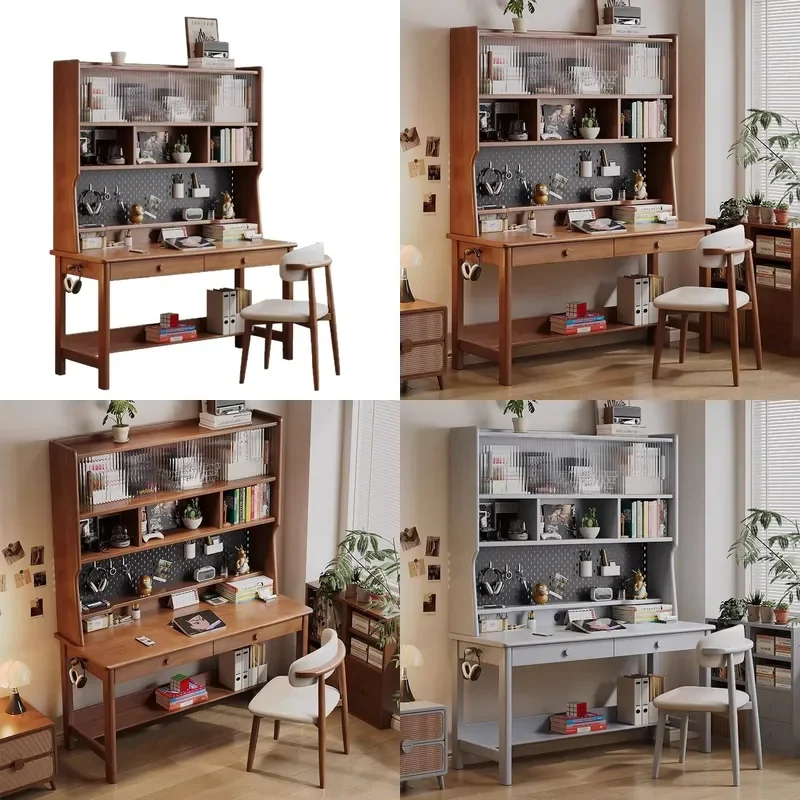 Nordic Solid Wood Desk with Bookshelf Pegboard Storage Student Home Office Computer Table Study Furniture Combination