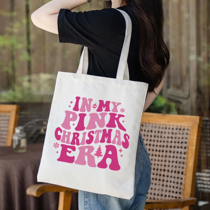 

Pink Christmas Canvas Tote Bag-Eco-Friendly Reusable Shopping Bag,Custom Print,Wholesale Holiday Gift for Advertising-Daily Use