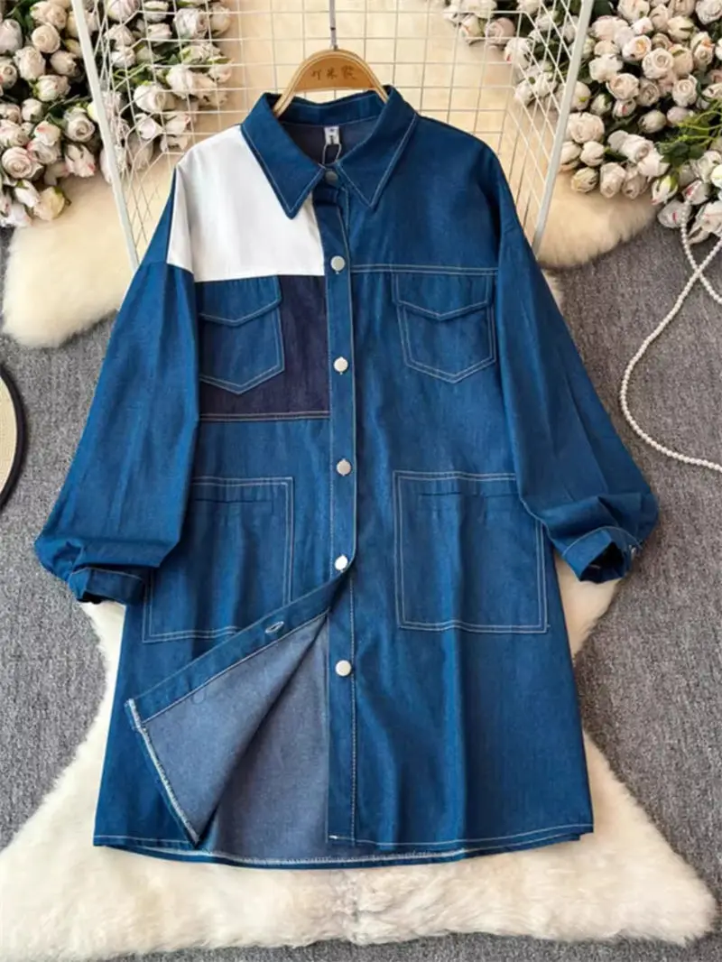 

Cowboy Shirt Jacket Women's 2024 Autumn Fashion Spliced Casual Long Sleeve Student Oversized Loose Denim Jackt Windbreaker K2211