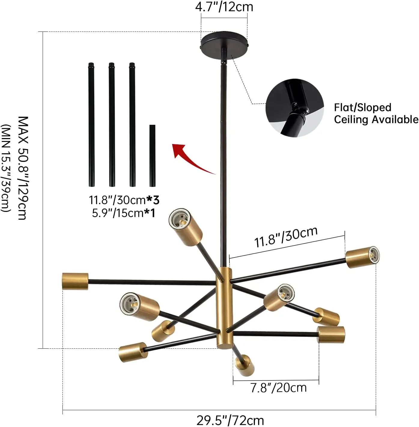 Candelabros Sputnik modernos, candelabros negros y dorados, lámpara de techo de 10 Luces, altura media de granja