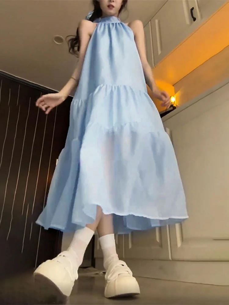 กระโปรงทรงเอวต่ำสไตล์ลำลองหวานๆ รุ่น Blue Svel Neline Summer Dr สำหรับผู้หญิง ลาย Fairy Long Dr Beach Vaion