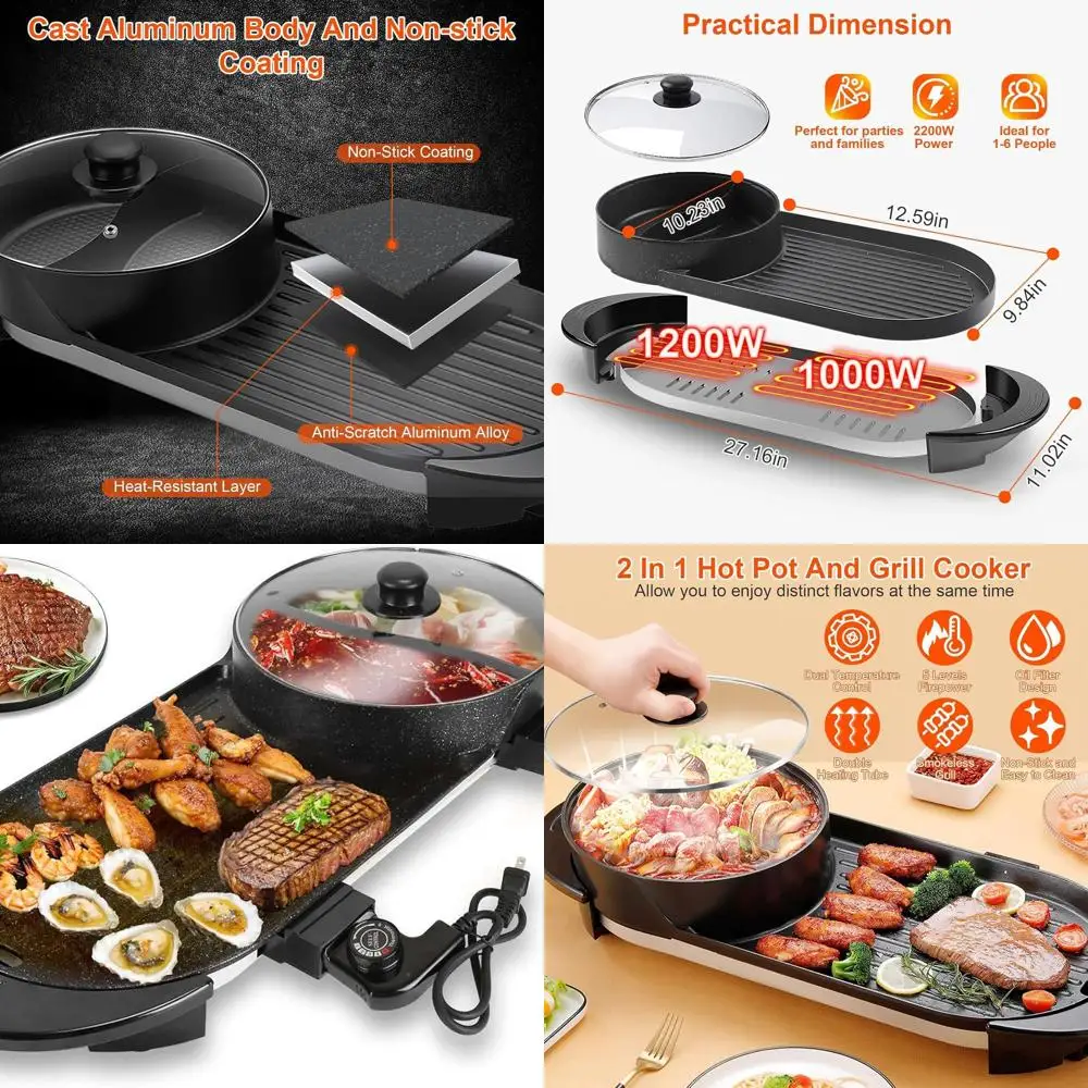 

2-in-1 Korean BBQ & Hot Pot Electric Combo, 2200W Smokeless Indoor Grill, Large Capacity, Dual Temp Control for 2-12 People, 110