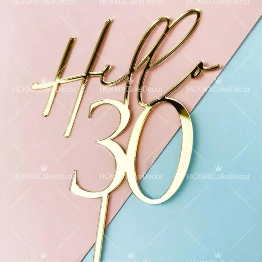 Kit com 3/6 Peças de Topo de Bolo Acrílico Dourado 'Hello 30', Decoração para Aniversários de 18/21/30/40/50/60 Anos, Suprimentos para Festa de Trinta Anos