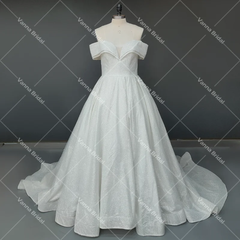 Shimmer tule fora do ombro vestido de casamento com decote em v rendas acima macio escova trem luxo feito sob encomenda fotos reais brilhando vestidos de noiva