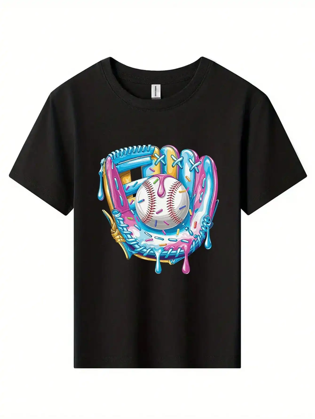 Kaus Grafis Katun Bisbol Anak Laki-Laki Tween, Atasan Musim Panas Desain Hitam Cerah Dengan Karya Seni Bisbol Warna-warni