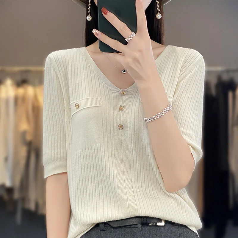 Loose Women's V-Neck Knitted Sweater Short Sleeve Base Shirt Spring Summer New Style 100 Wool Comfortable Korean Style Top