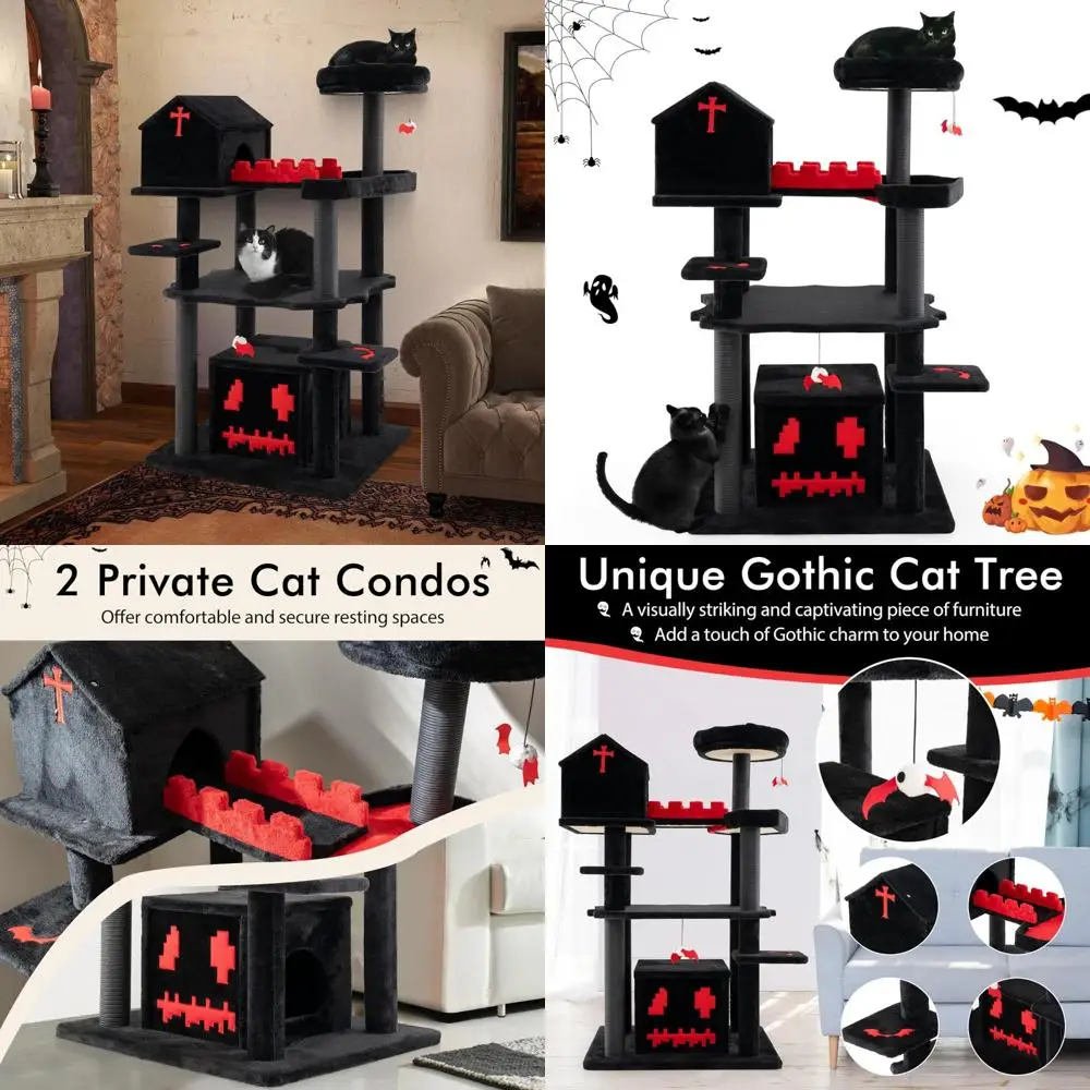 49 torre alta para gatos de estilo gótico negro con cama de ataúd, condones dobles, postes rascadores, bolas de murciélago y pompón, perca para Halloween
