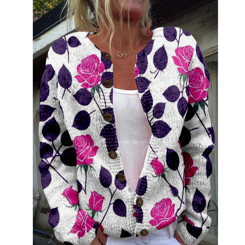 

Осень-зима вязаный милый кардиган с цветочным принтом, свитер, уличная одежда, женские свитера, вязаный топ, повседневные крутые джемперы, модные