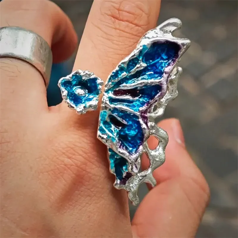 

Europe and America Lava Sensation Blue Drip Glue Butterfly Open Ring Women's Punk Hip Hop Party Jewelry Ring