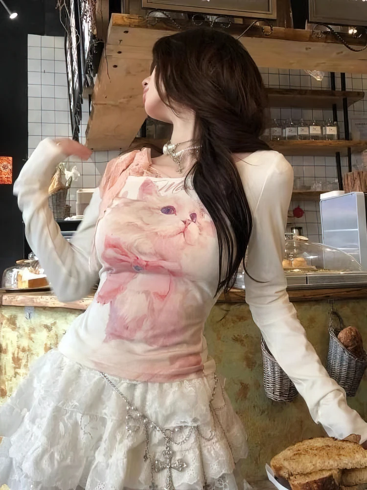 Y2k gato impressão branco fora do ombro manga longa t camisa feminina frente rosa laço arco amarrado básico topos senhora magro ajuste coreano chique t