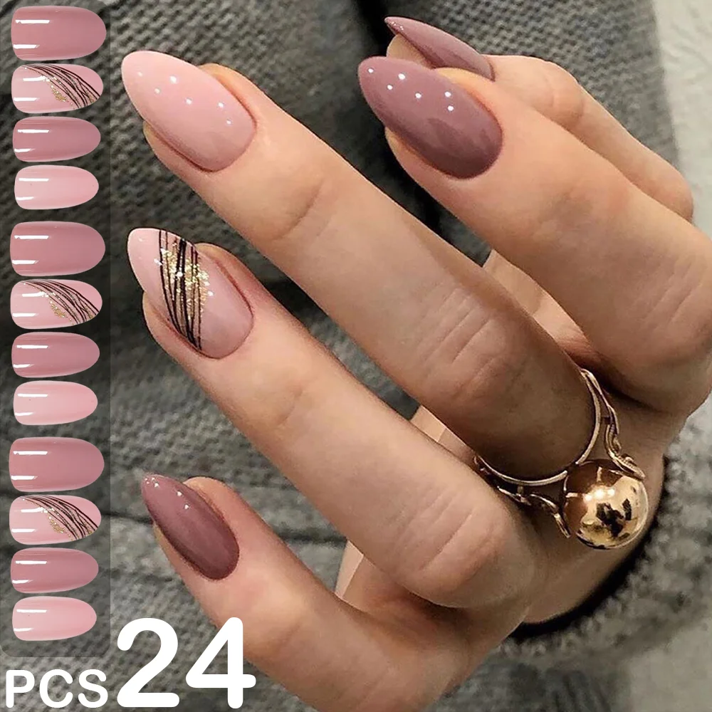 

24PCS Vintage Press On Nails Simple Long Almond Fake Nails Womens Dusty Pink Golden Line False Nails With Jelly Glue