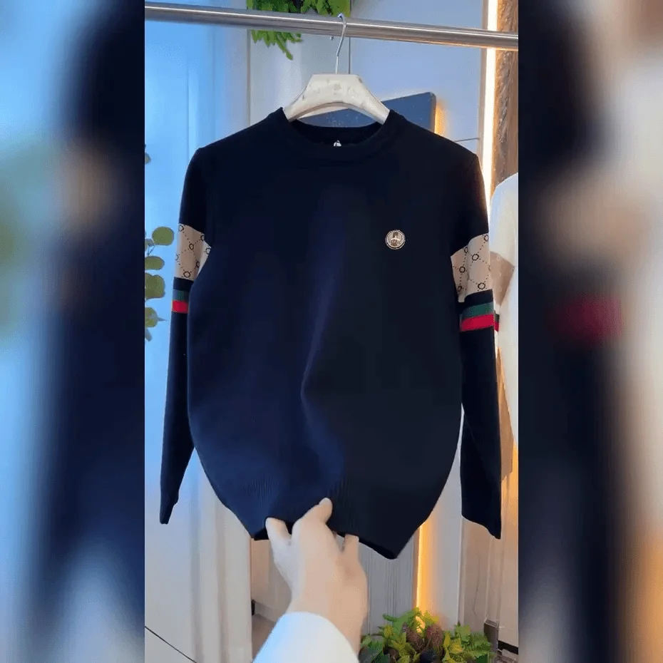 

Autumn Winter New Men's Knitted Sweater Base Shirt Casual Versatile Loose Color-Block Crew Neck Sweater