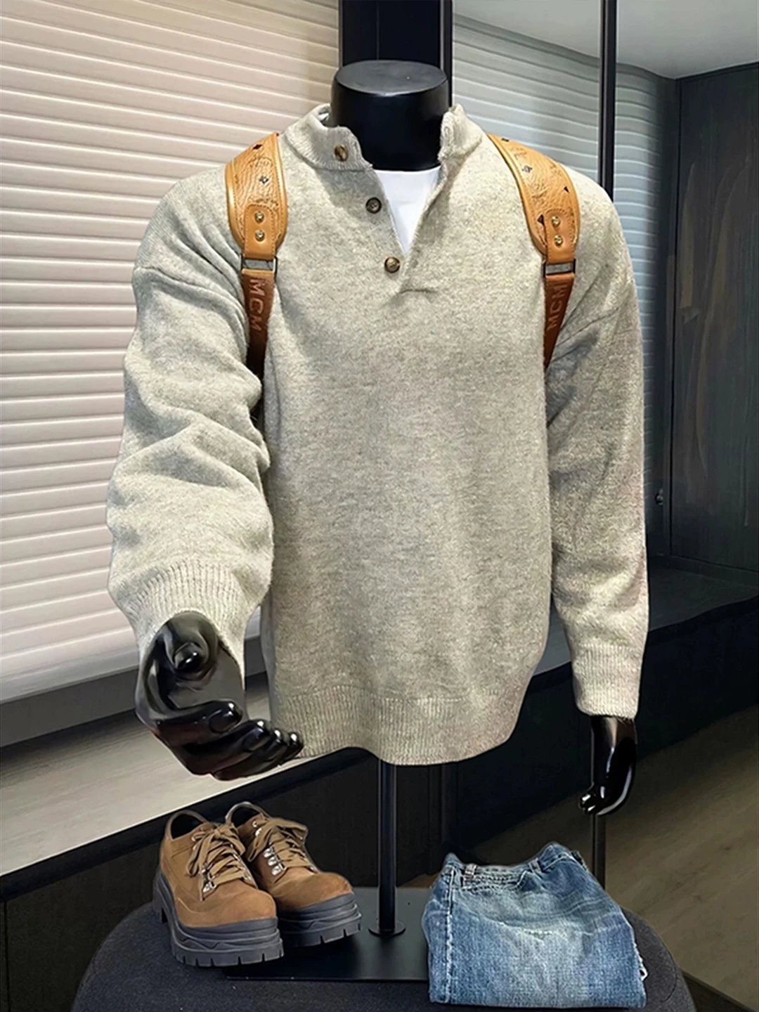 

Light ey American Retro Henry Collar Knitted Sweater Men's Sle Autumn Lazy High-End Feeling Cleanfit Knitwear Base irt