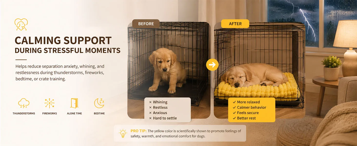 Helps ease anxiety, whining, and stress during storms, fireworks, or crate training