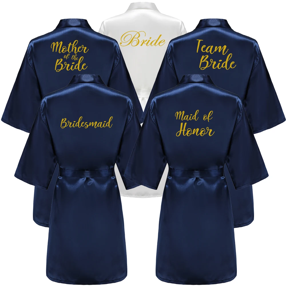 Navy Blue Bridesmaid Robes Sister Mother of The Bride Kimono Wedding Best Gift Gold Writing Bridal Party Bathrobe