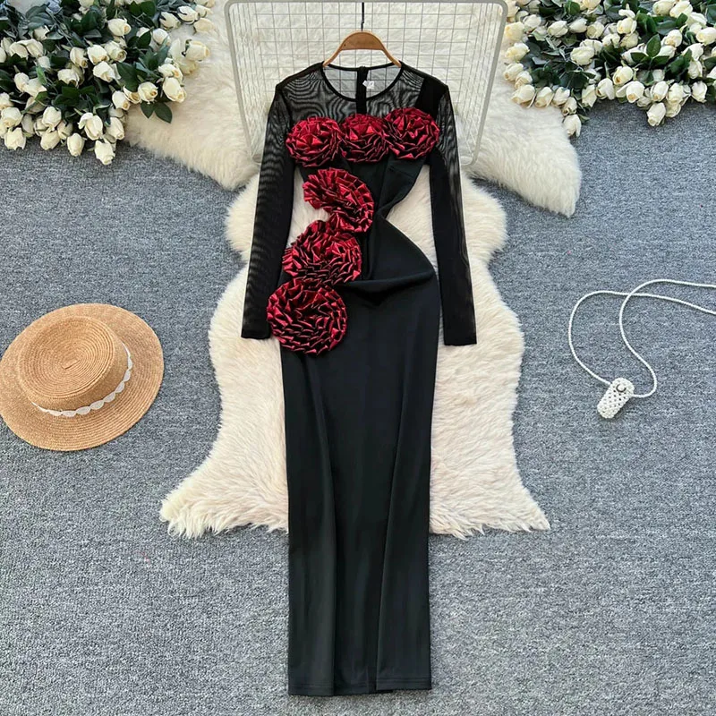 Women 3D Floral Dress Luxury Long Sleeve Zipper Design Splice Slim American Fashion Split Mesh Sheer Sexy Party Dress