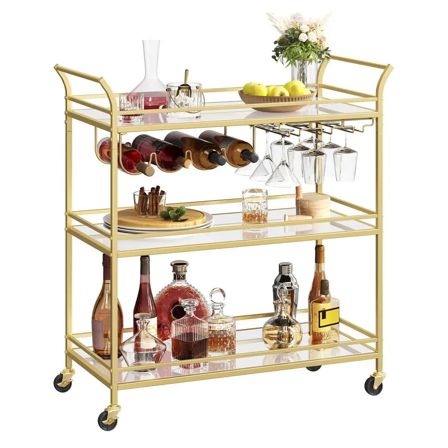 

Барная тележка золотого цвета, большая сервировочная тележка для домашнего бара с 3-ярусной зеркальной полкой, держателями для вина и бокалов, для кухни, 15 x 33.9 x 35.4 дюйма