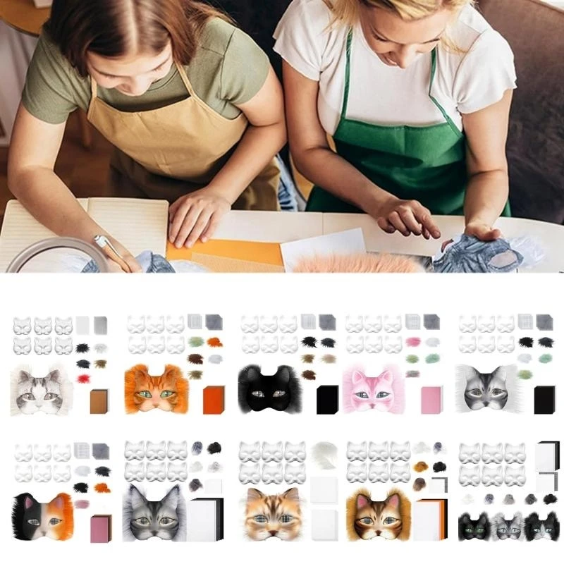 

652F DIY Therians Mask Kit Blank Foxes Cats Mask with Felts Fabric Sheet Plush Faux Furs and Eye Mesh for Therians Gear Stuff