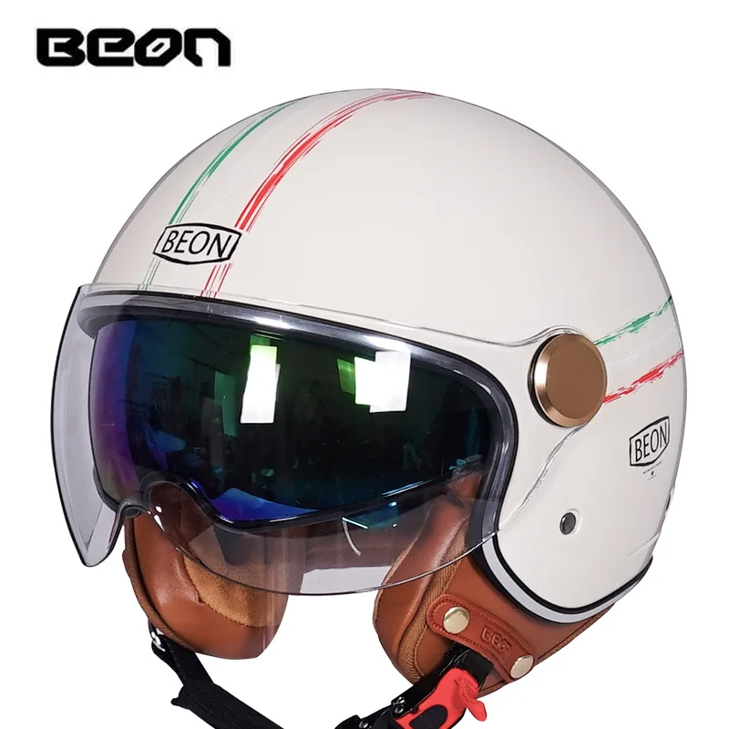 Casco de motocicleta de doble lente ECE BEON para hombre y mujer, protector de cabeza Retro Para Bicicleta eléctrica, Motocross, 3/4