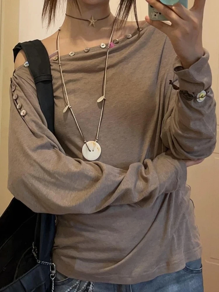 

Deeptown Vintage Harajuku Sexy T-shirt Japanese Style Y2k Off Shoulder 2000s Tops American Retro Casual Long Sleeve T-Shirts