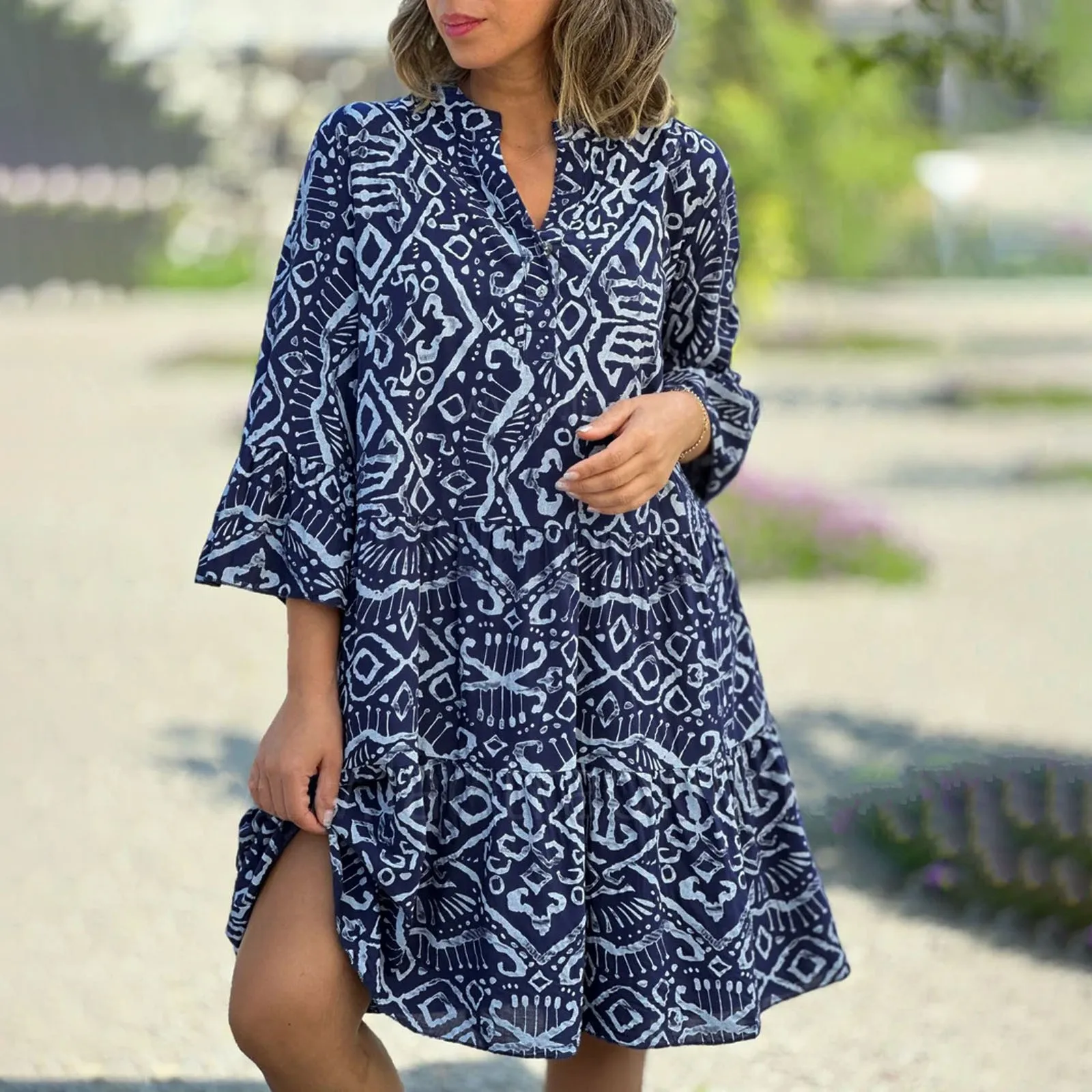 Women Casual Fashion Casual Print V Neck Long Dress Plus Size Summer V Neck Boho Floral Dress Short Sleeve Beach Mid Long Dress