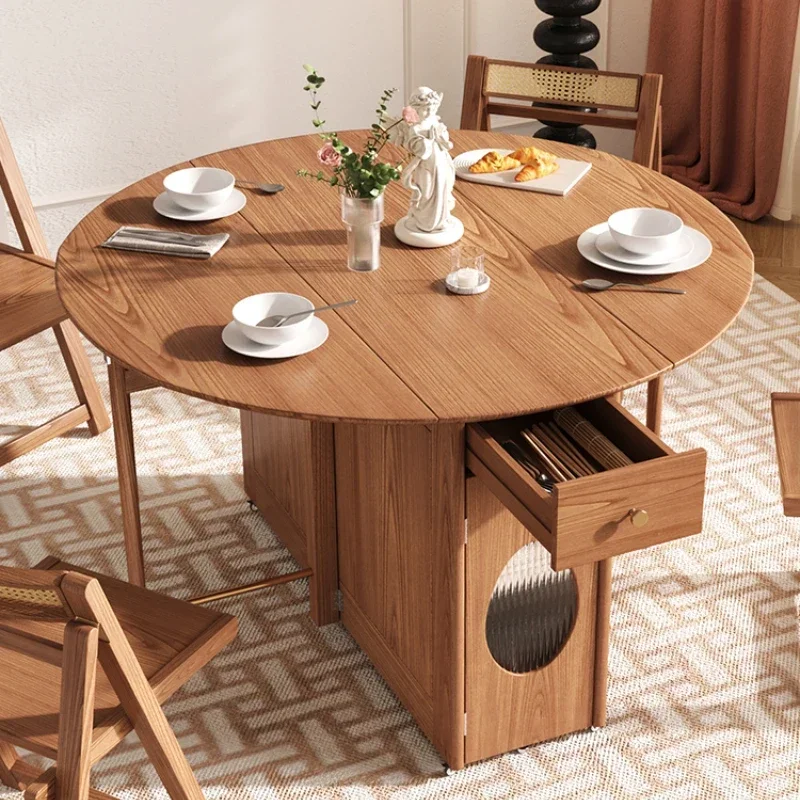 

Nordic Solid Wood Retractable Folding round Table Small Apartment Light Luxury Removable Storage Ash Dining Table and Chair