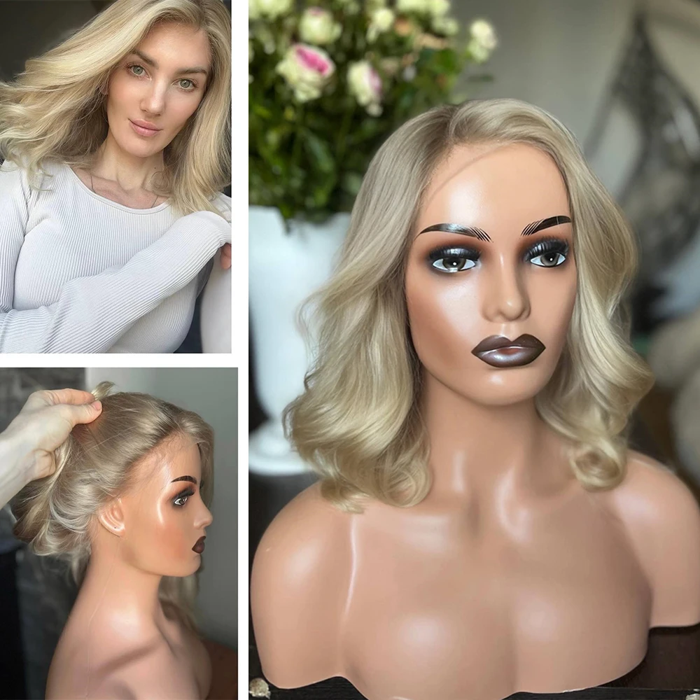 Ombre Ash Roots Blonde Highlight Wig Synthetic Hair 13x4 Lace Front Wigs for Women Short Wavy Bob Lace Frontal Wig Free Part