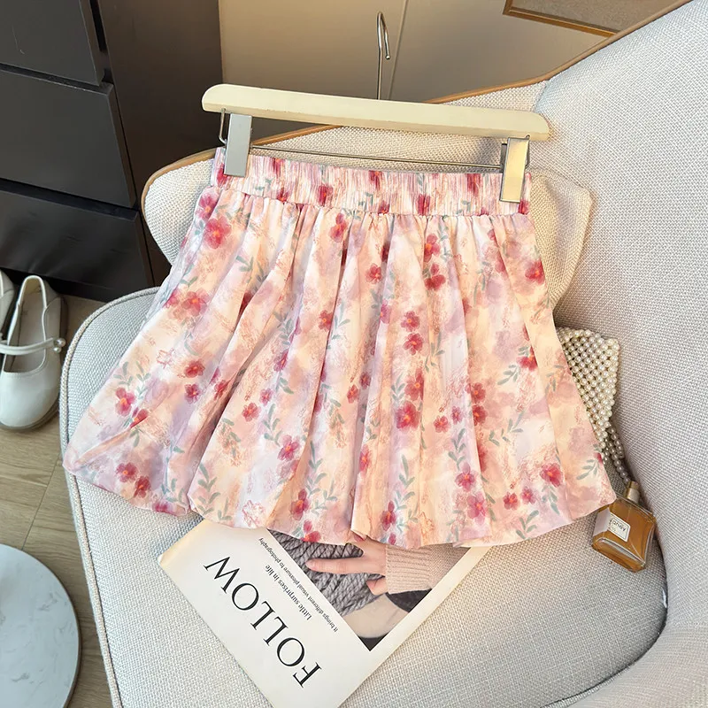 Pink Floral Print Women' Skirt 2026 Summer Gentle Style A-line Ball Gown High Waist Slim-looking Beautiful Anti-exposure Skirts